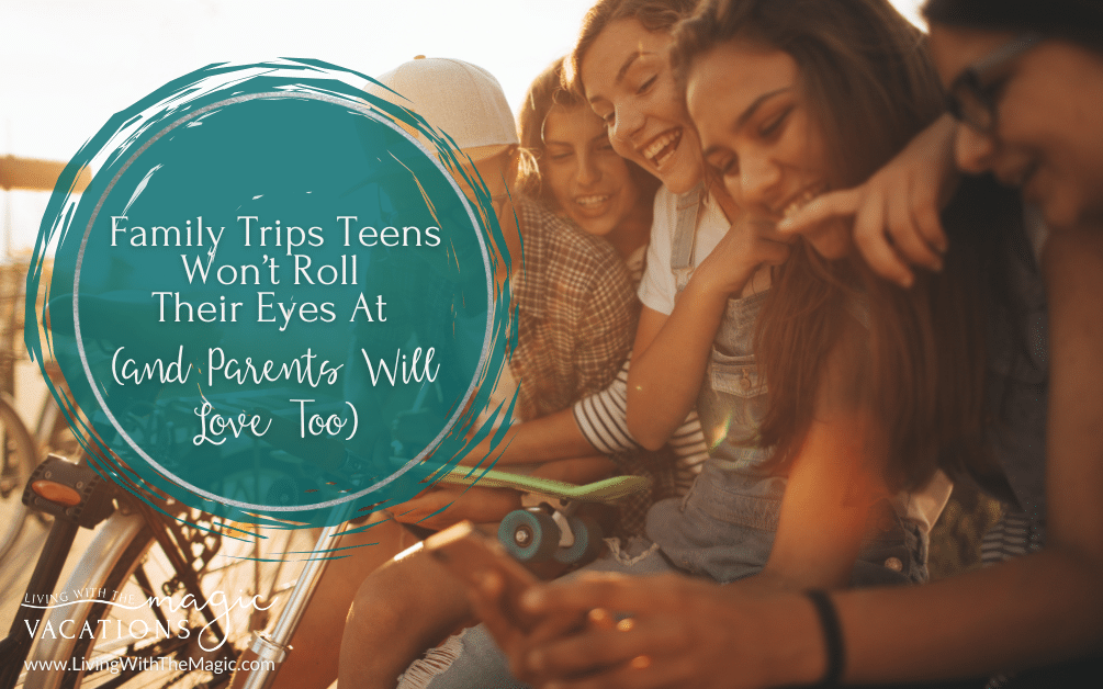 Group of happy teenagers laughing together outdoors during a family vacation, symbolizing family trips teens actually enjoy